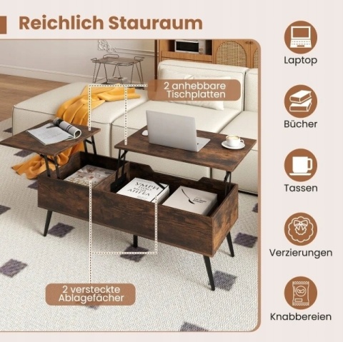 COSTWAY PREMIUM NOWOCZESNY STOLIK KAWOWY PODNOSZONY DUZY UKRYTY SCHOWEK