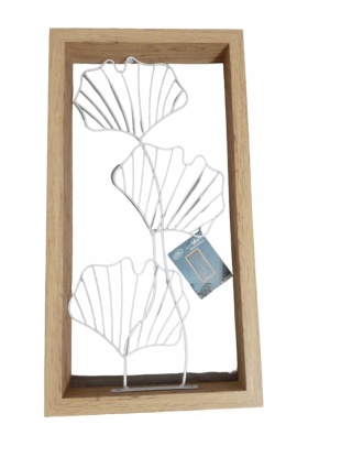 DEKORACYJNA RAMA ŚCIENNA OZDOBNE LIŚCIE METALOWE W DREWNIANEJ RAMIE
