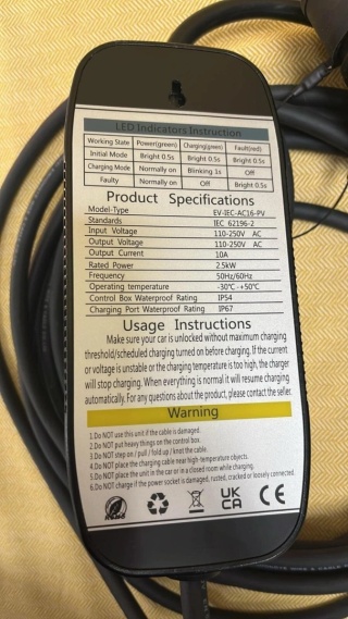 Przenośna ładowarka do samochodów elektrycznych EV – Type 2 | 10A | 2.5kW