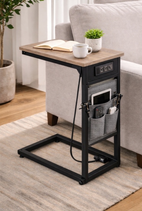 Stolik boczny z listwą zasilającą materiałowa kieszeń 2x port USB i 2x gniazdka