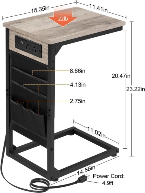 Stolik boczny z listwą zasilającą materiałowa kieszeń 2x port USB i 2x gniazdka