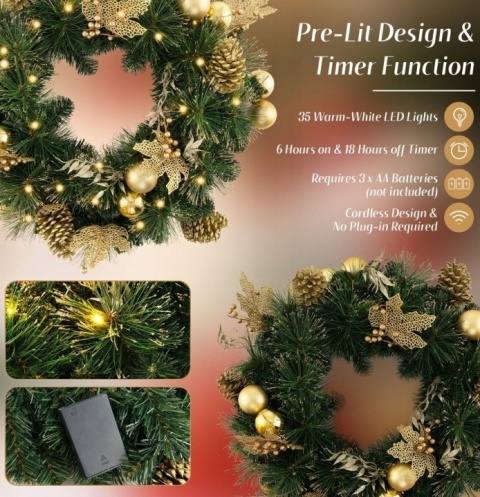 Stroik na drzwi Boże Narodzenie Wianek na drzwi 60cm z lampkami