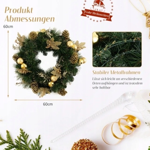 Stroik na drzwi Boże Narodzenie Wianek na drzwi 60cm z lampkami