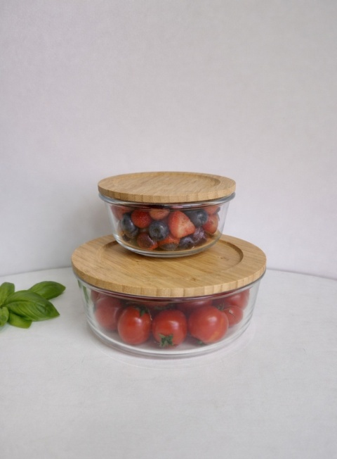 Zestaw 2 Szklanych Pojemników Kuchennych KESPER z Bambusowymi Pokrywkami 0,7 L + 0,3 L