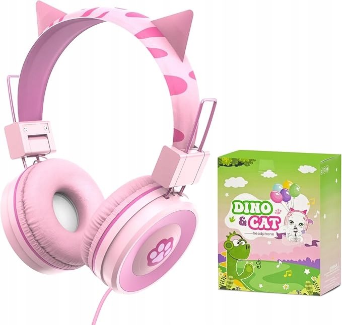 Różowe słuchawki dziecięce Dino & Cat z uszkami kota Jack 3.5mm